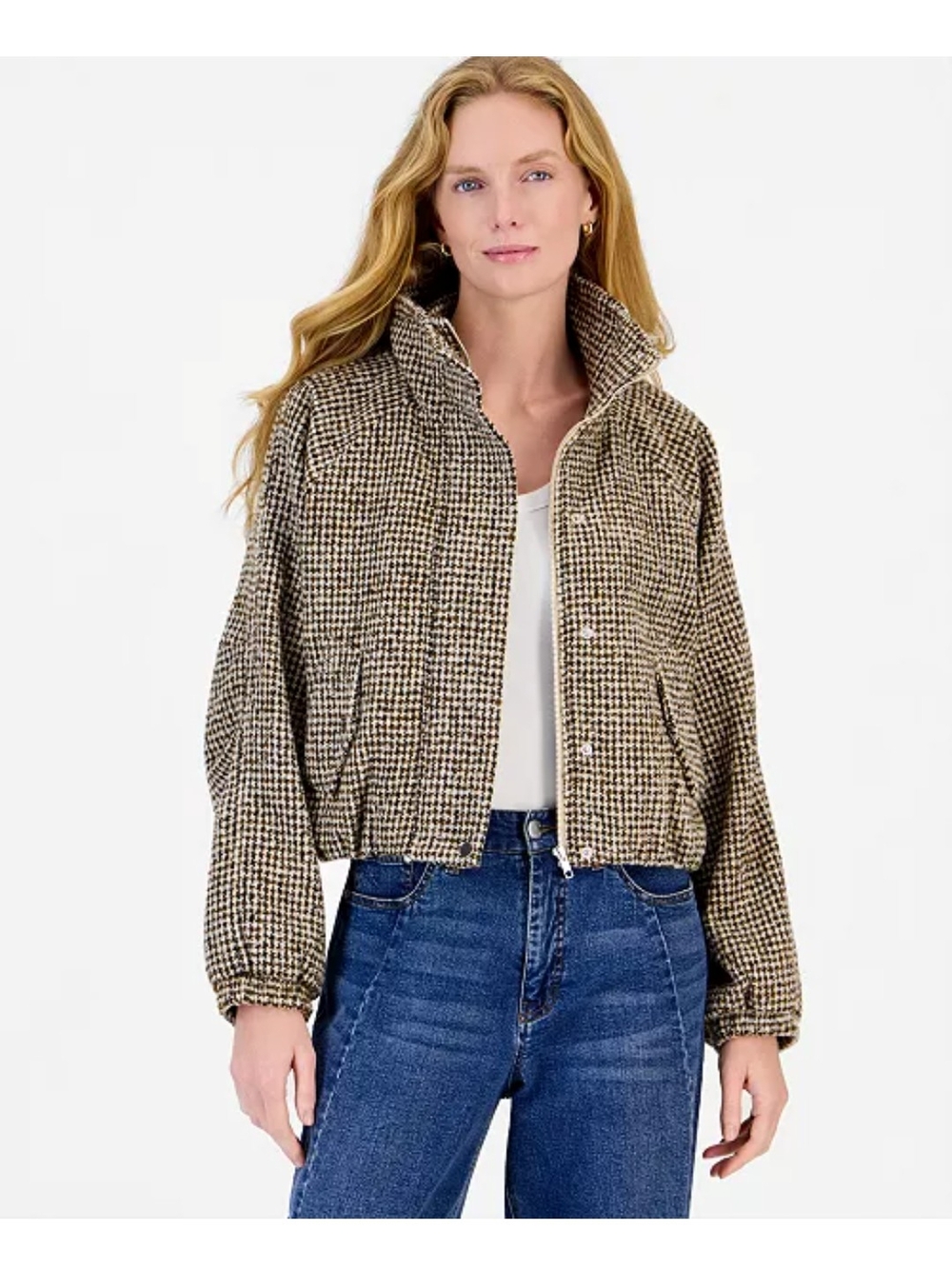 Cropped Houndstooth Bomber Jacket - Beige/Black